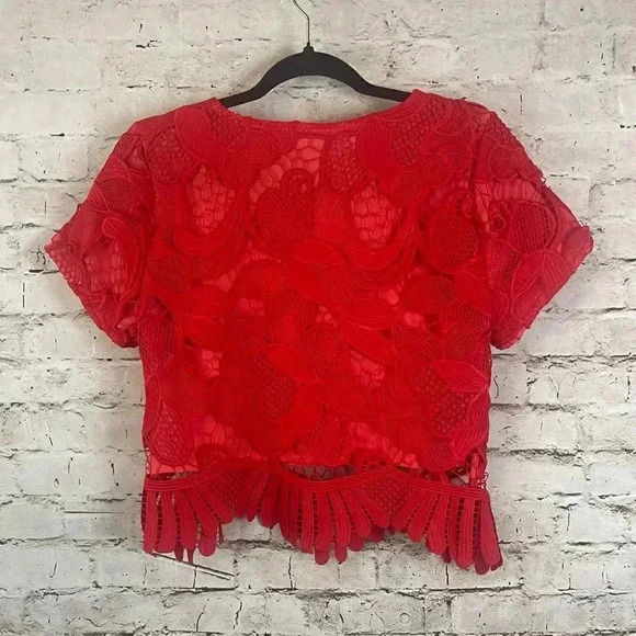 HP🔥Lovers + Friends Daycation Crop Top Blouse Lace Red M Short Sleeve Scallop - Picture 8 of 9